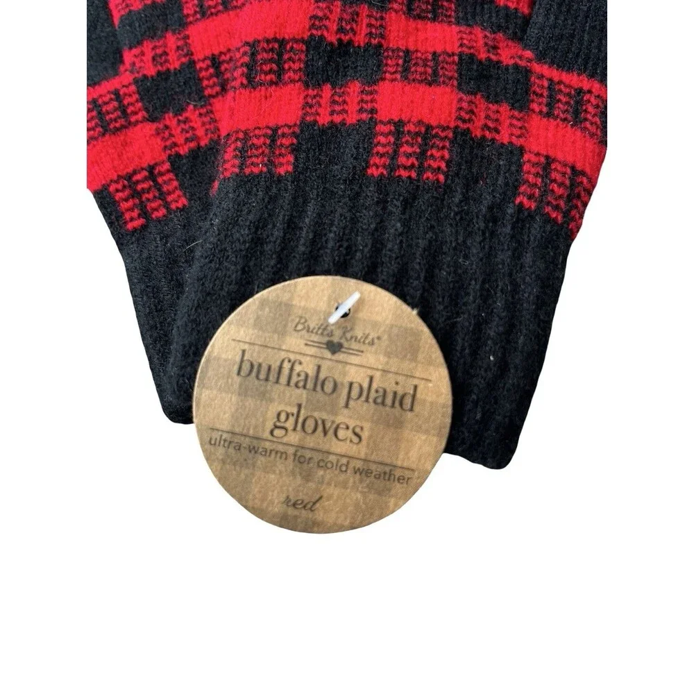 Britt’s Knits Buffalo Plaid Gloves Red Black Ultra Warm OSFM New With Tags